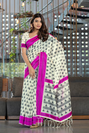 Kimaya Hot Pink Soft Cotton Block Woven Design Saree