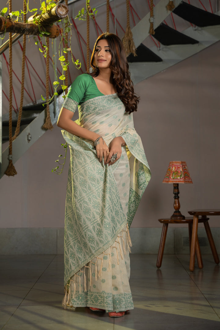 Kusum Caledon Green Soft Cotton Jamdani Saree