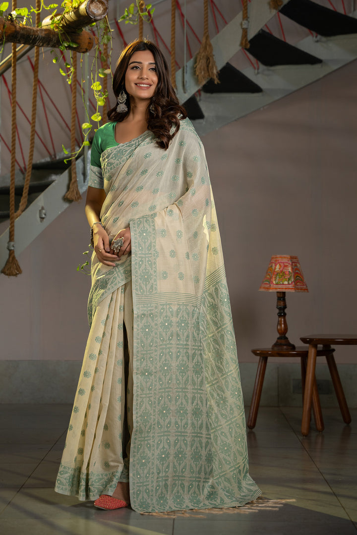 Kusum Caledon Green Soft Cotton Jamdani Saree