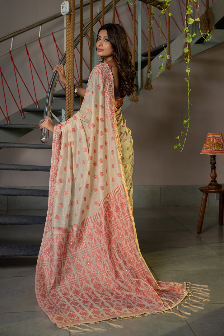 Kusum Dusty Coral Pink Soft Cotton Jamdani Saree