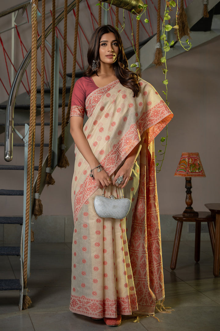 Kusum Dusty Coral Pink Soft Cotton Jamdani Saree