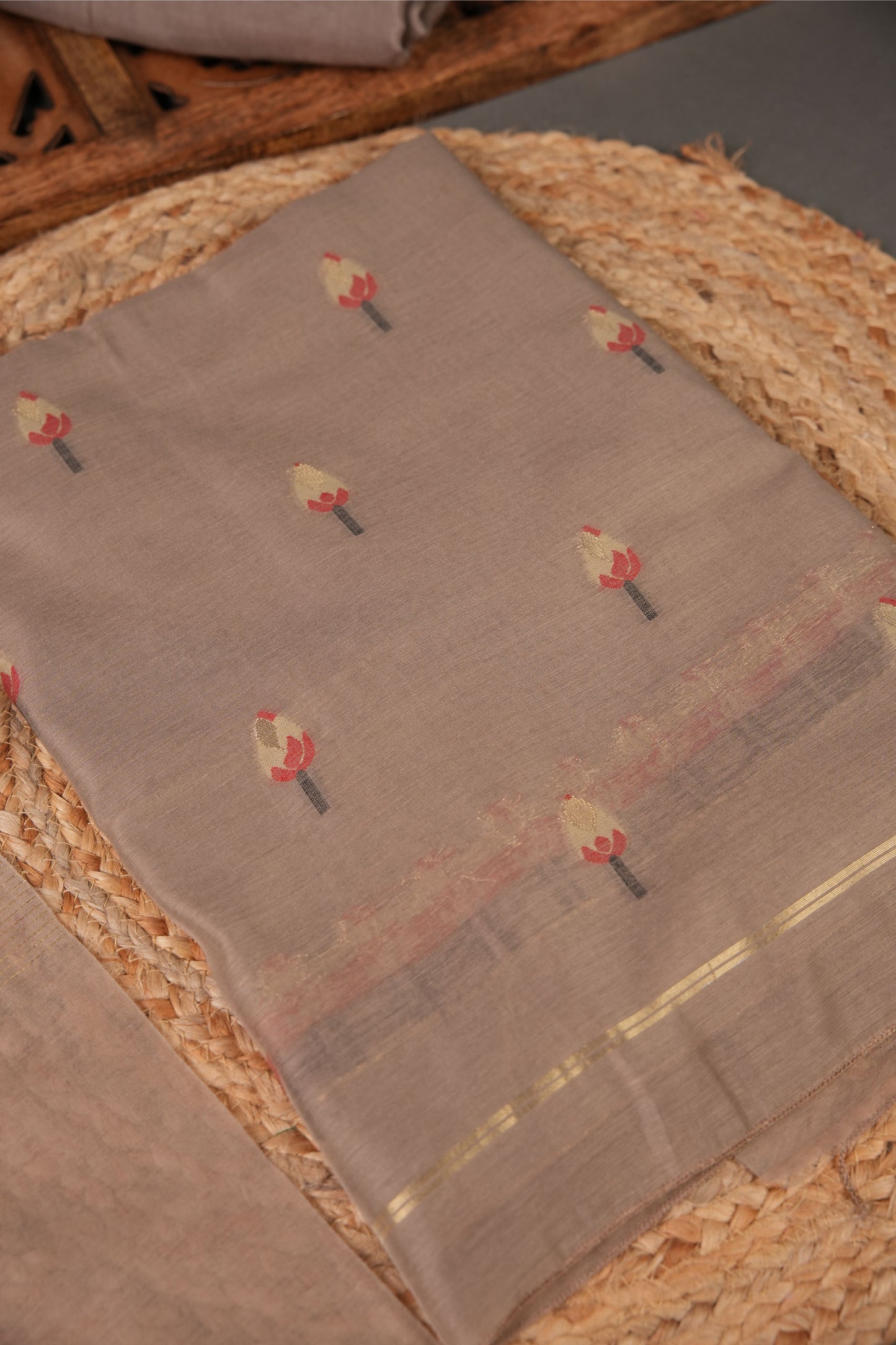 A Freakin Lotus Brown Jamdani Muga Silk Unstitched Suit Set