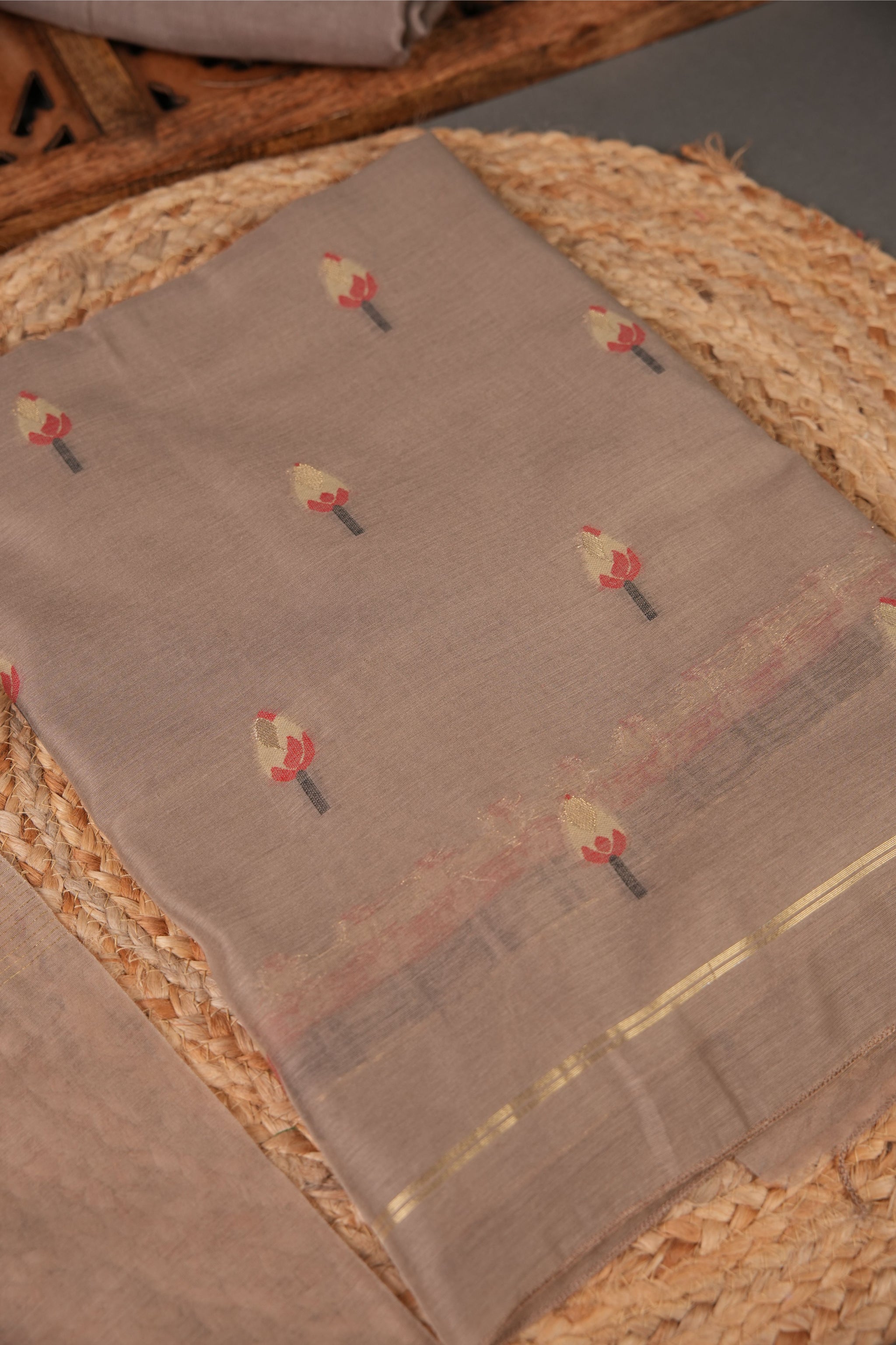 A Freakin Lotus Brown Jamdani Muga Silk Unstitched Suit Set