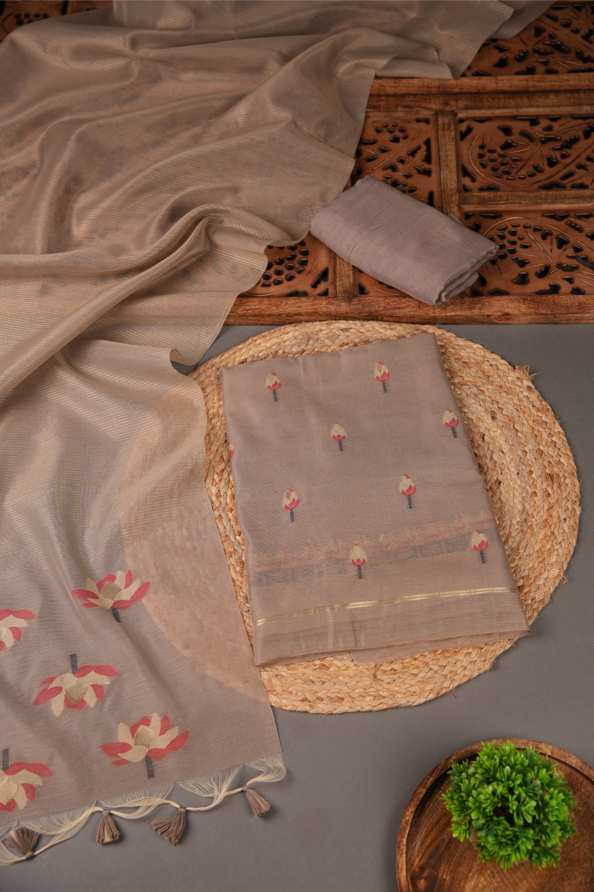 A Freakin Lotus Brown Jamdani Muga Silk Unstitched Suit Set