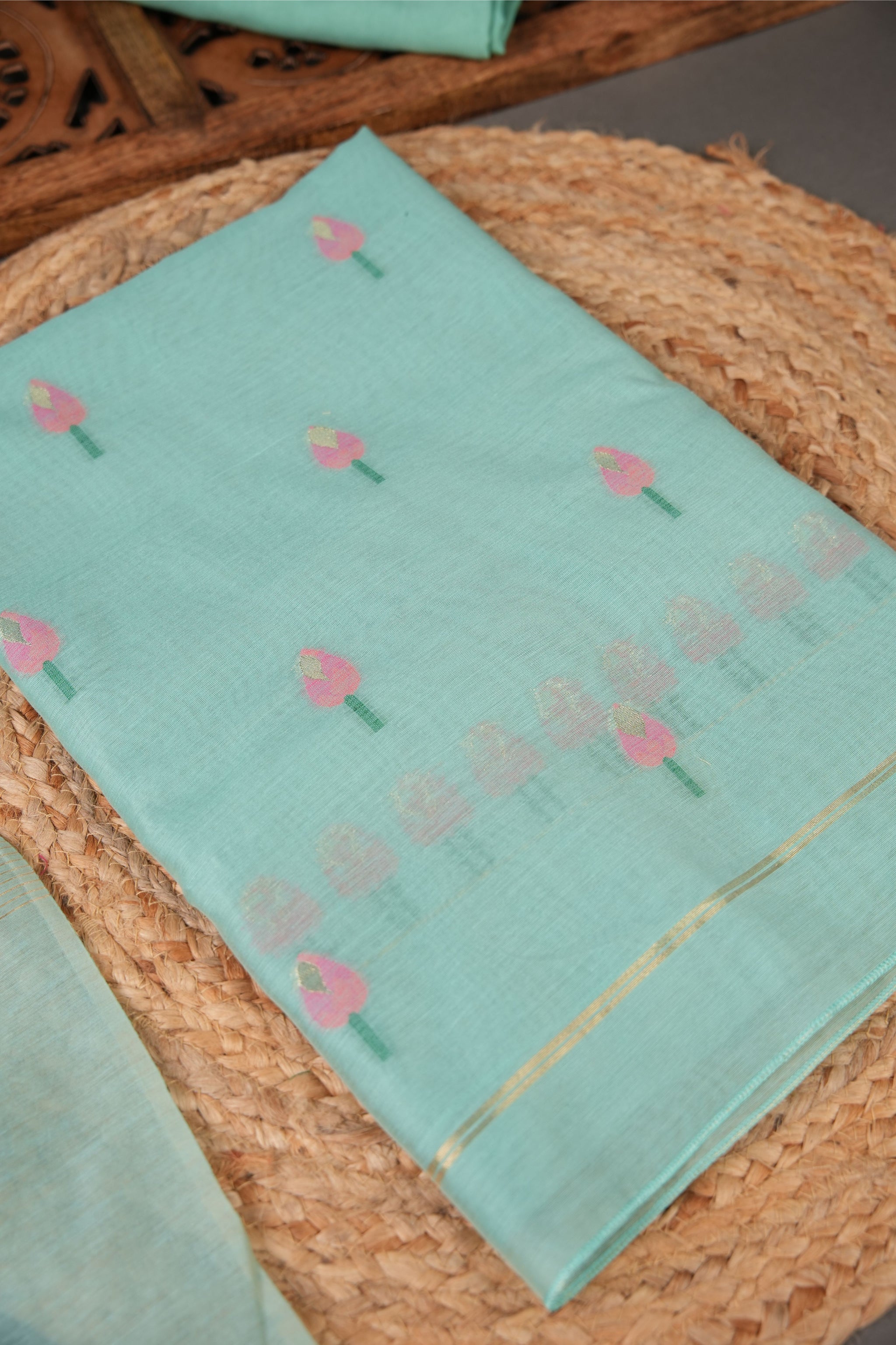 A Freakin Lotus Sea Green Jamdani Muga Silk Unstitched Suit Set