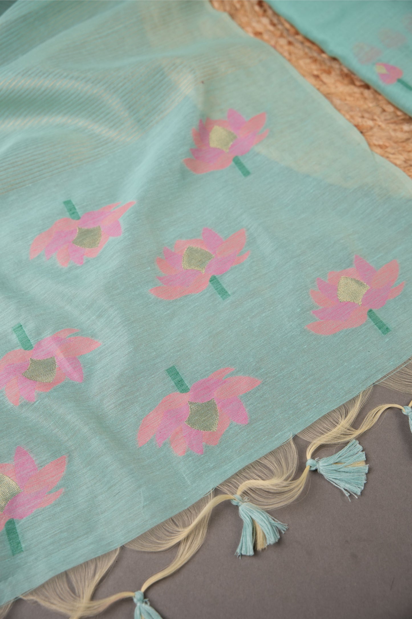 A Freakin Lotus Sea Green Jamdani Muga Silk Unstitched Suit Set