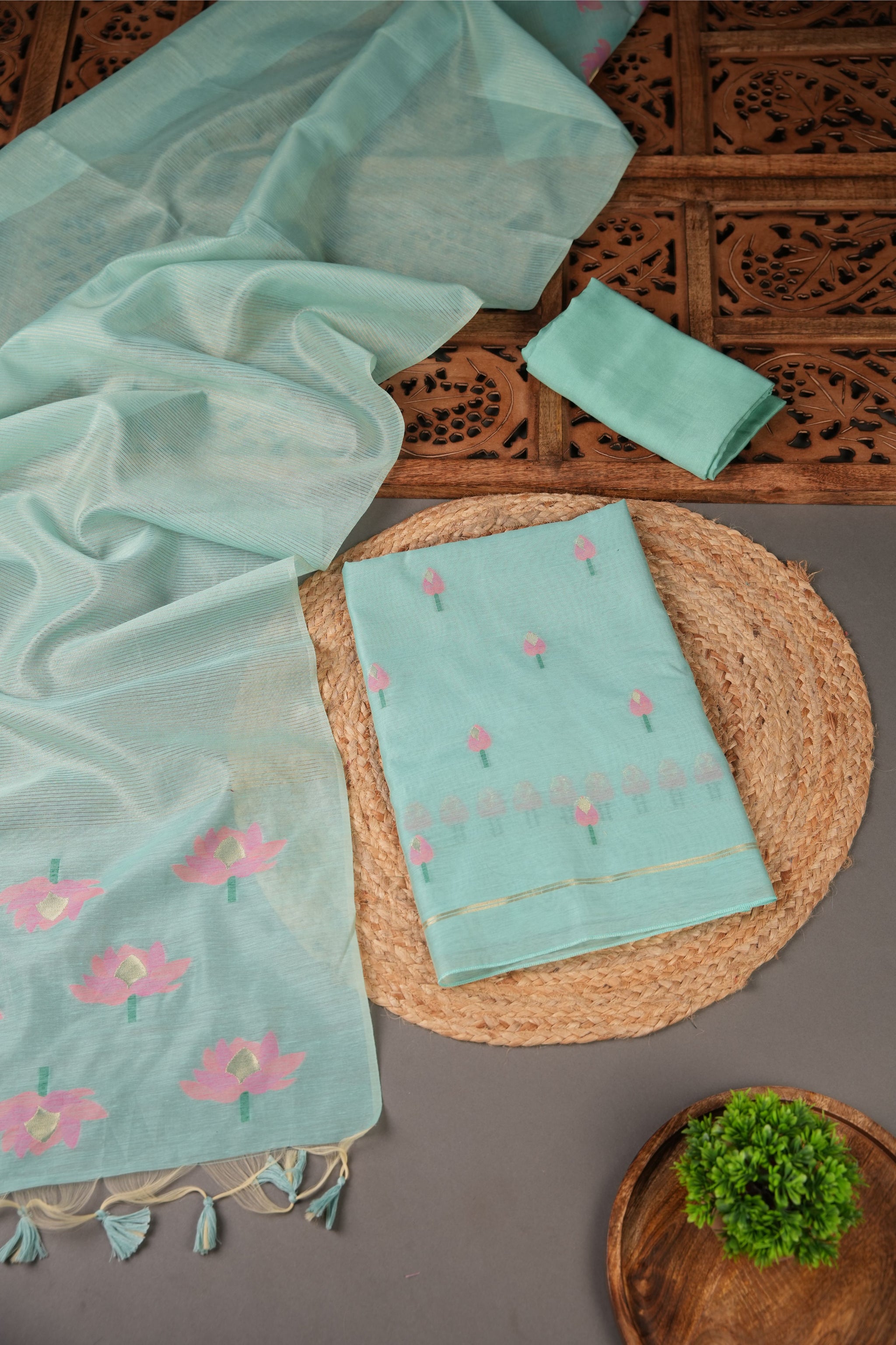 A Freakin Lotus Sea Green Jamdani Muga Silk Unstitched Suit Set