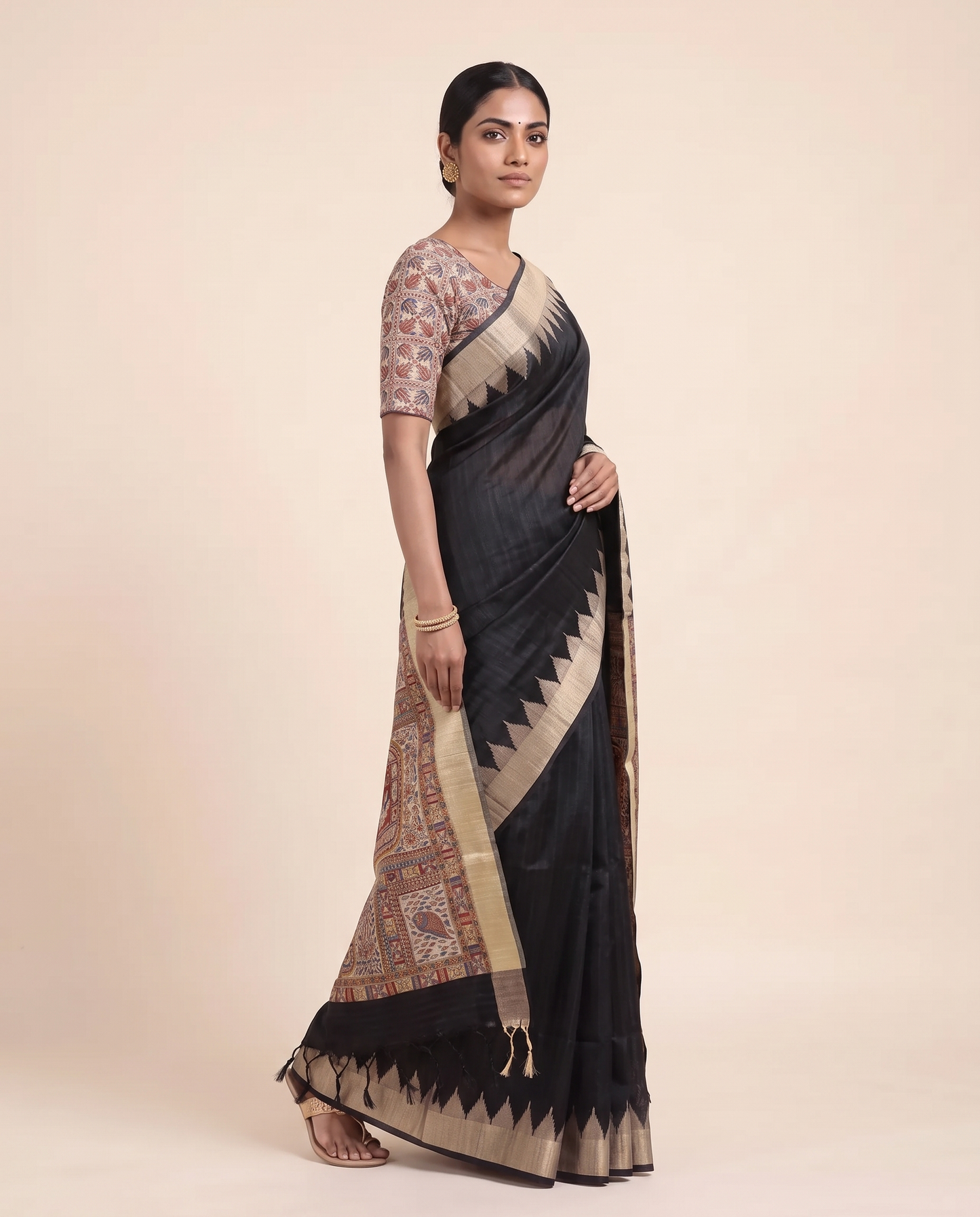 Madhu Black Tussar Silk Madhubani Saree With Unstitched Blouse Piece