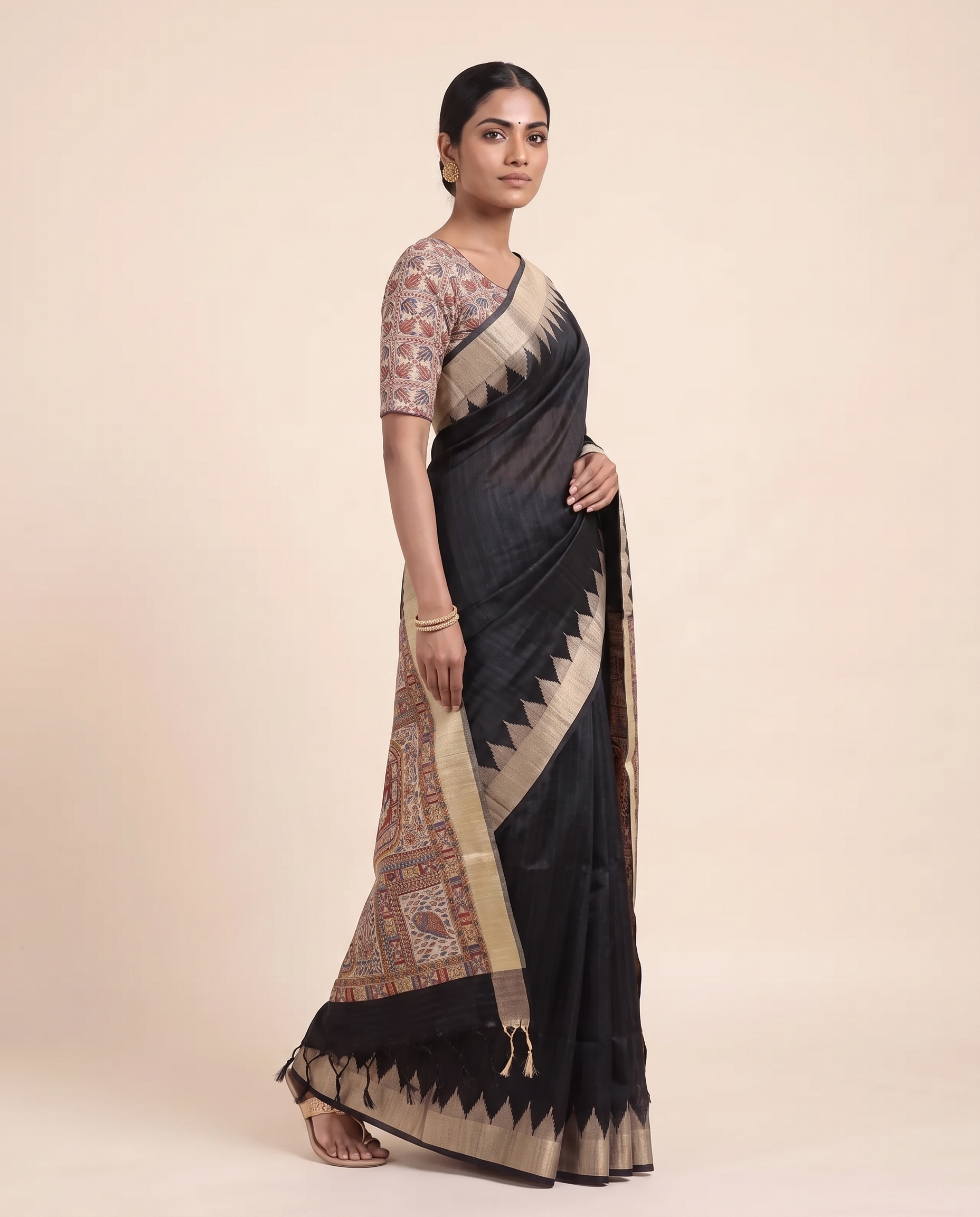 Madhu Black Tussar Silk Madhubani Saree With Unstitched Blouse Piece
