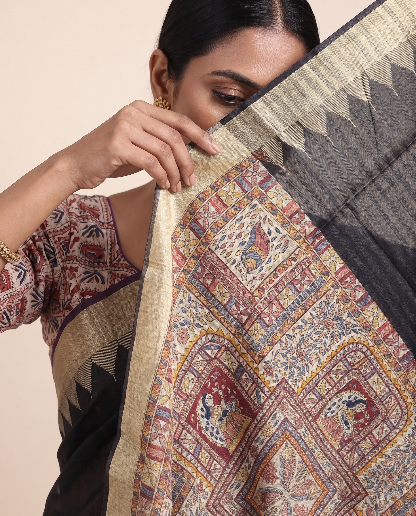 Madhu Black Tussar Silk Madhubani Saree With Unstitched Blouse Piece