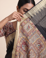 Madhu Black Tussar Silk Madhubani Saree With Unstitched Blouse Piece