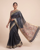 Madhu Black Tussar Silk Madhubani Saree With Unstitched Blouse Piece