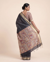 Madhu Black Tussar Silk Madhubani Saree With Unstitched Blouse Piece