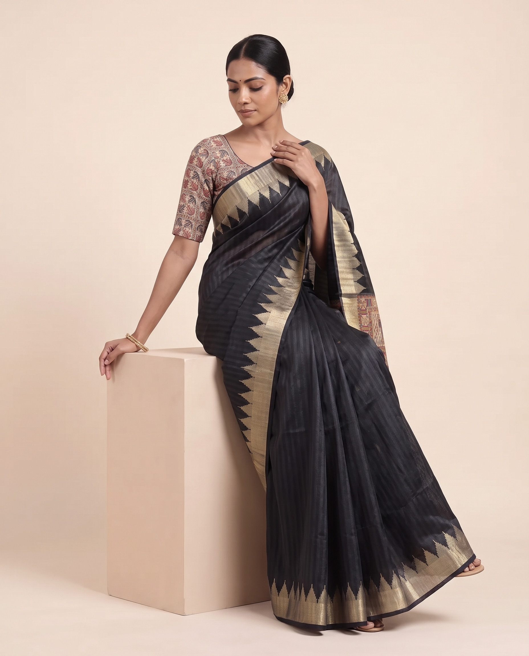 Madhu Black Tussar Silk Madhubani Saree With Unstitched Blouse Piece
