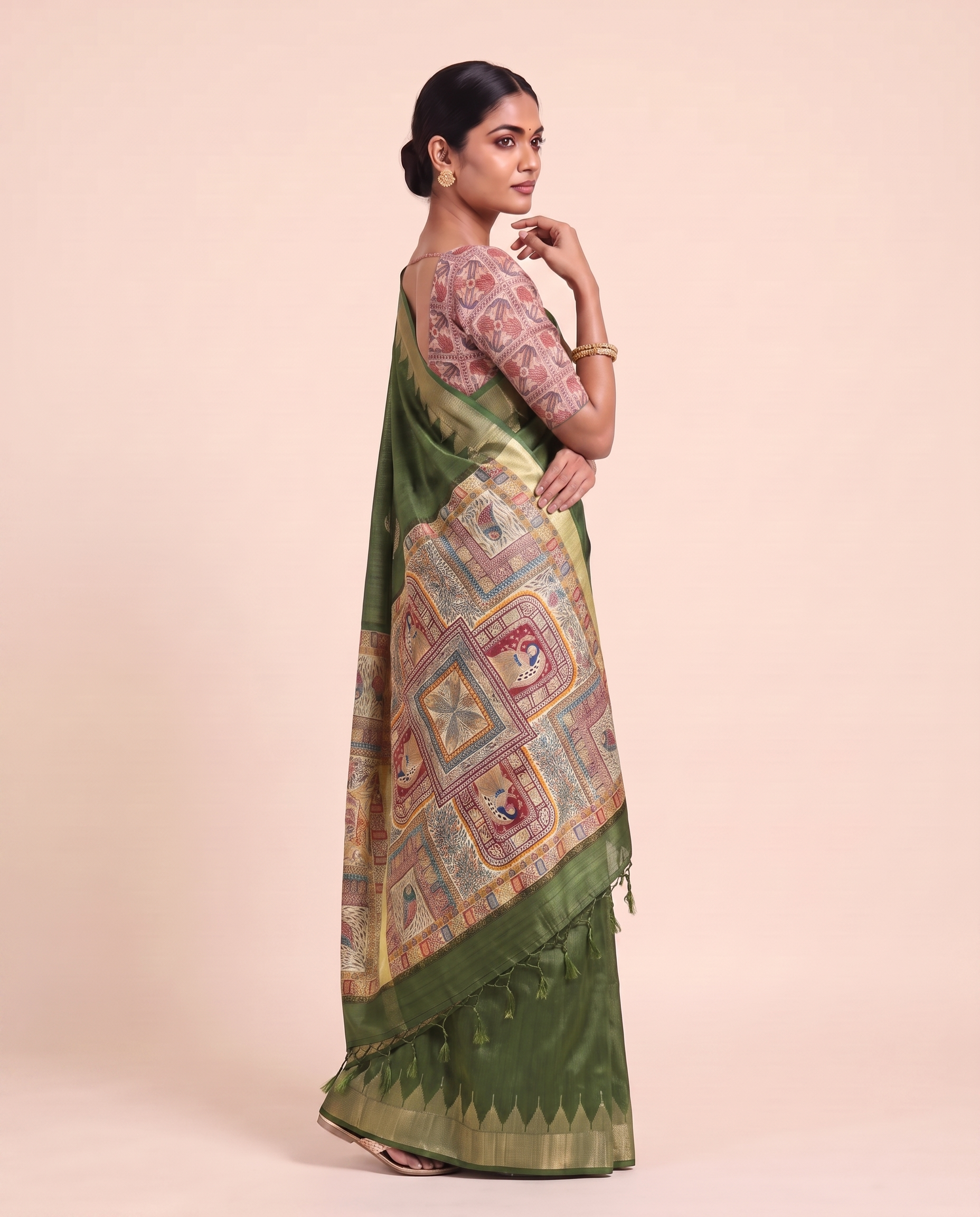 Madhu Green Tussar Silk Madhubani Saree With Unstitched Blouse Piece