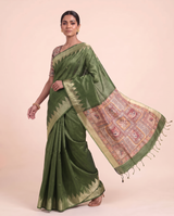 Madhu Green Tussar Silk Madhubani Saree With Unstitched Blouse Piece