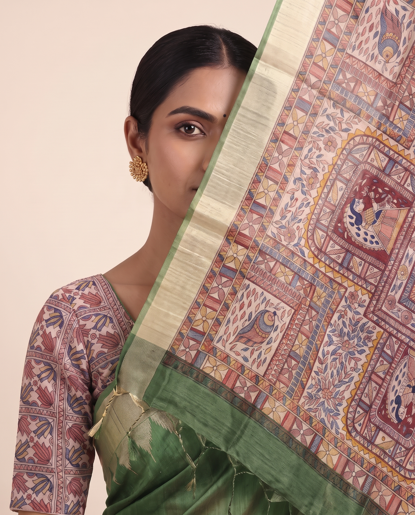 Madhu Green Tussar Silk Madhubani Saree With Unstitched Blouse Piece