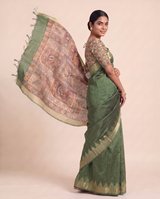 Madhu Green Tussar Silk Madhubani Saree With Unstitched Blouse Piece