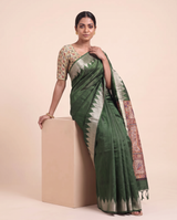 Madhu Green Tussar Silk Madhubani Saree With Unstitched Blouse Piece
