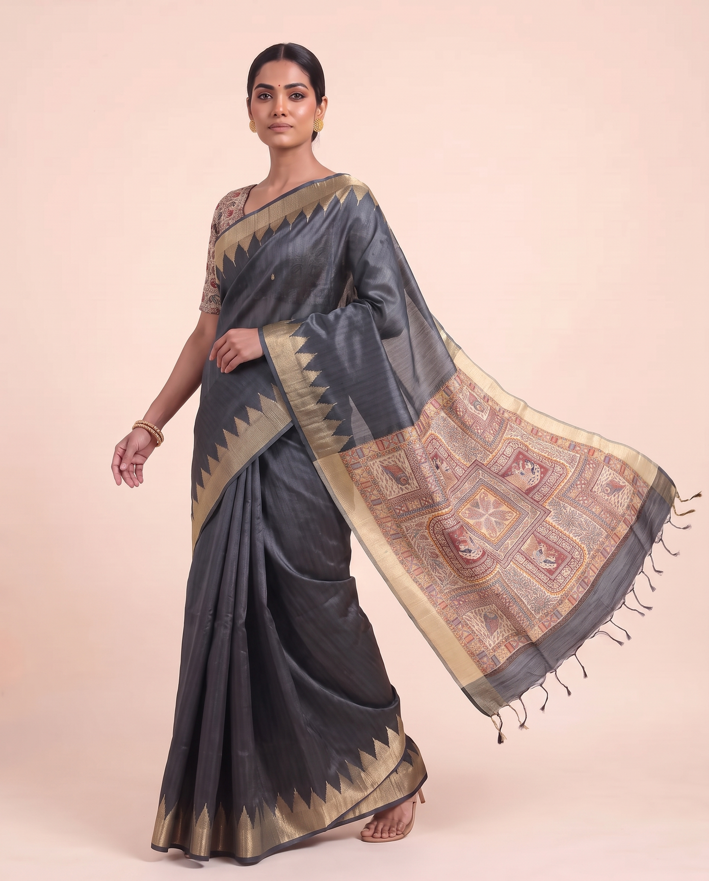 Madhu Grey Tussar Silk Madhubani Saree With Unstitched Blouse Piece
