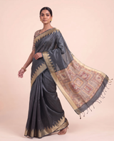 Madhu Grey Tussar Silk Madhubani Saree With Unstitched Blouse Piece