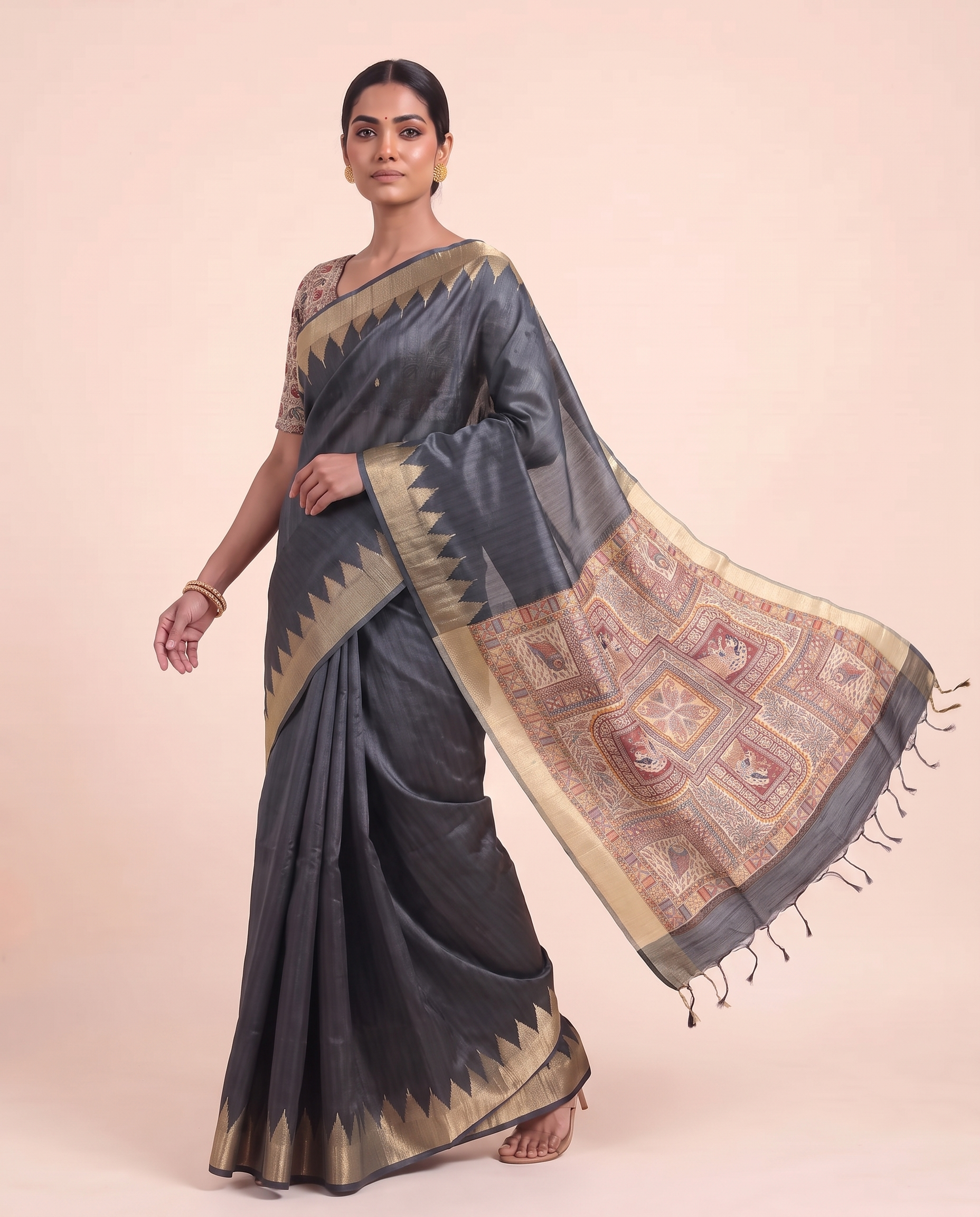 Madhu Grey Tussar Silk Madhubani Saree With Unstitched Blouse Piece