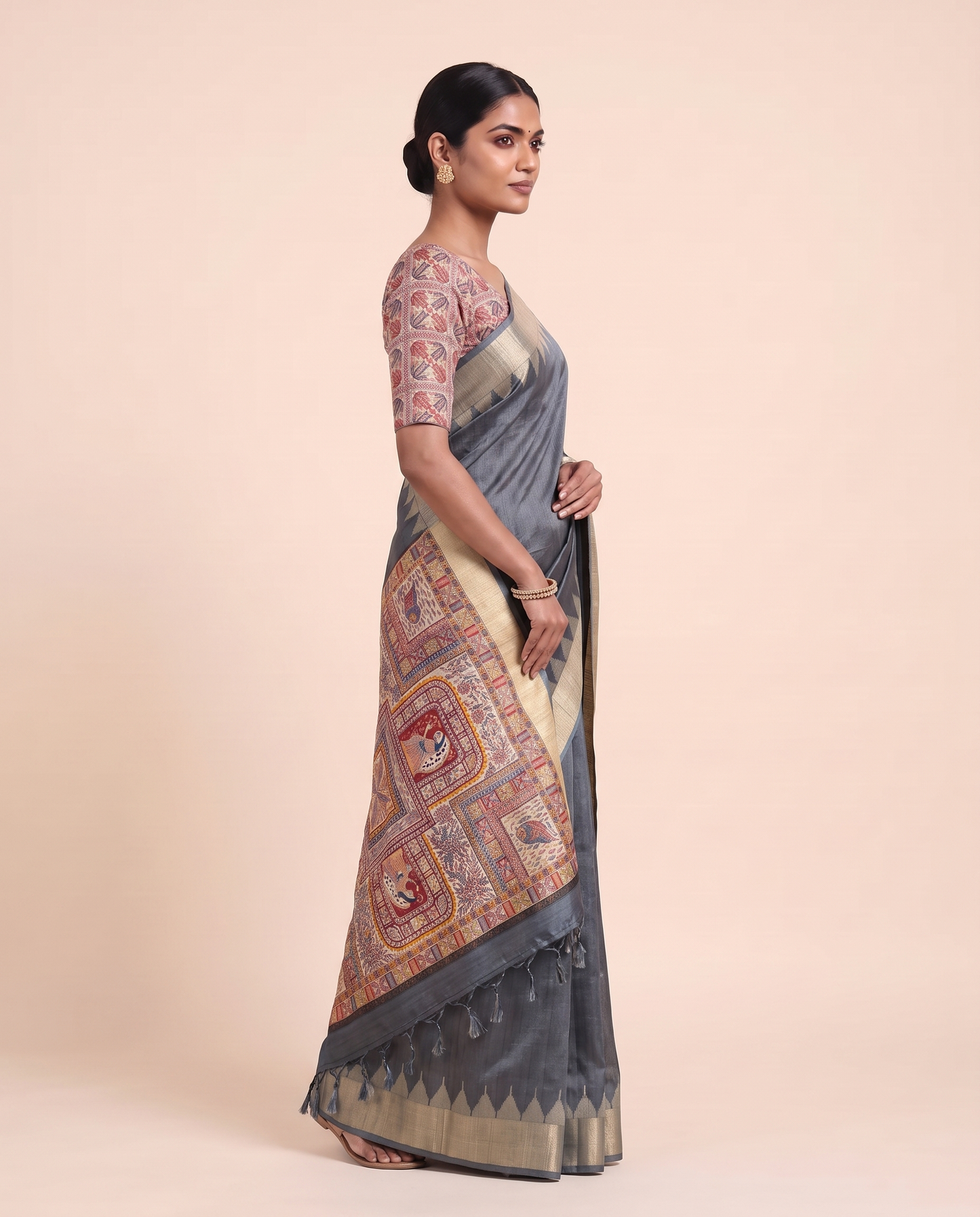 Madhu Grey Tussar Silk Madhubani Saree With Unstitched Blouse Piece