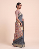 Madhu Grey Tussar Silk Madhubani Saree With Unstitched Blouse Piece