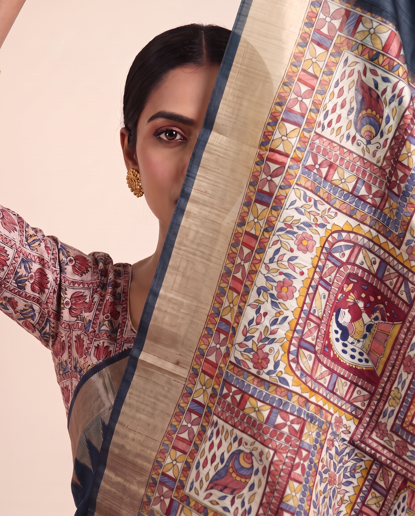 Madhu Grey Tussar Silk Madhubani Saree With Unstitched Blouse Piece