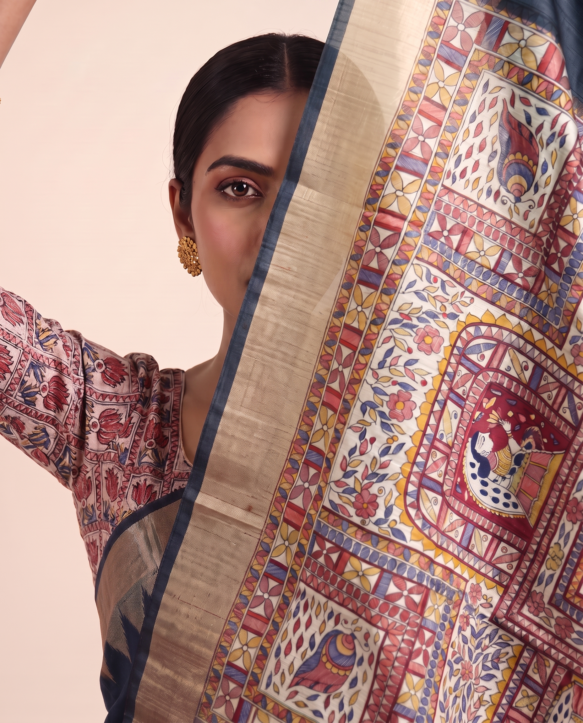 Madhu Grey Tussar Silk Madhubani Saree With Unstitched Blouse Piece