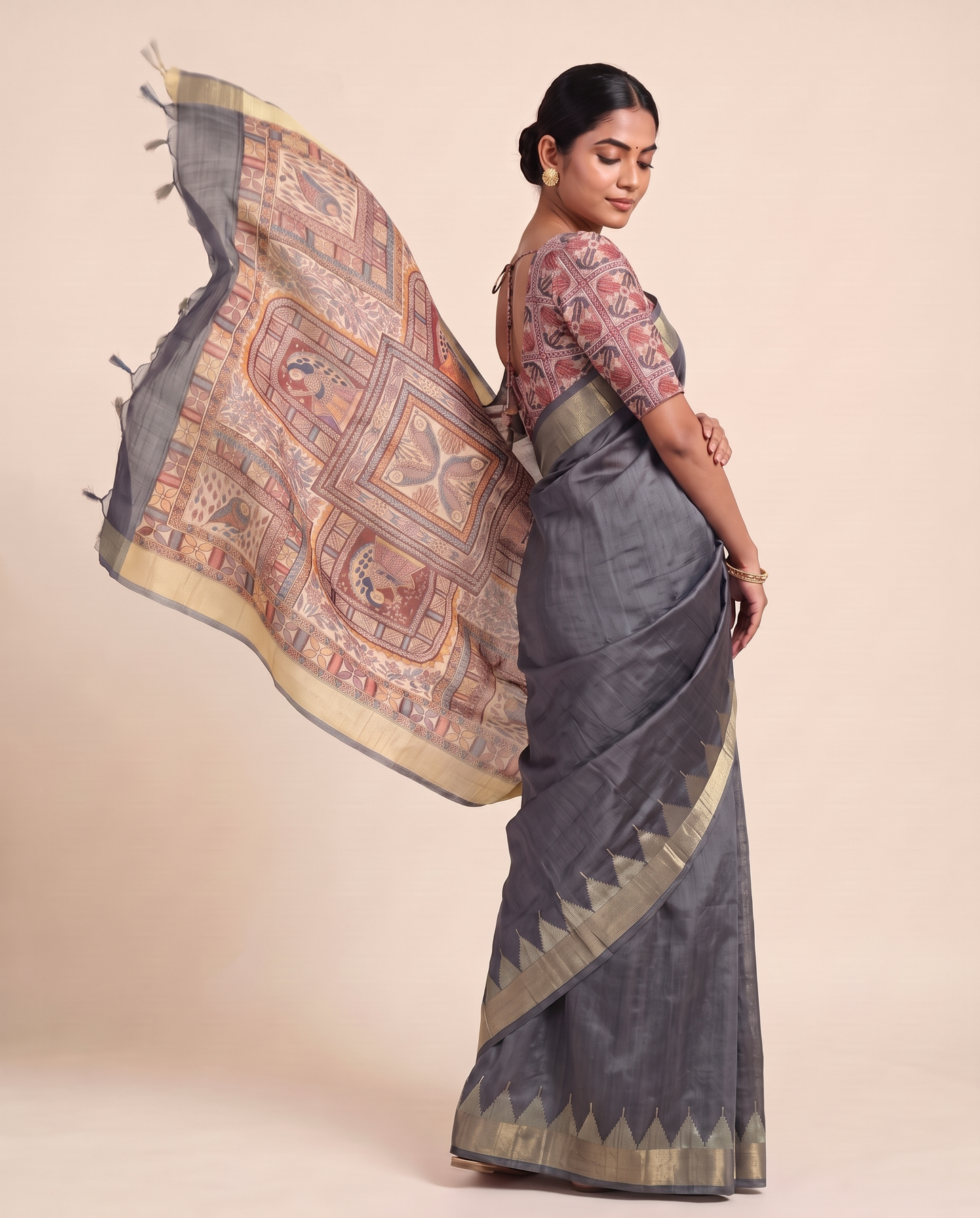 Madhu Grey Tussar Silk Madhubani Saree With Unstitched Blouse Piece