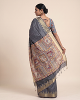 Madhu Grey Tussar Silk Madhubani Saree With Unstitched Blouse Piece