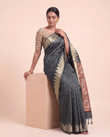 Madhu Grey Tussar Silk Madhubani Saree With Unstitched Blouse Piece