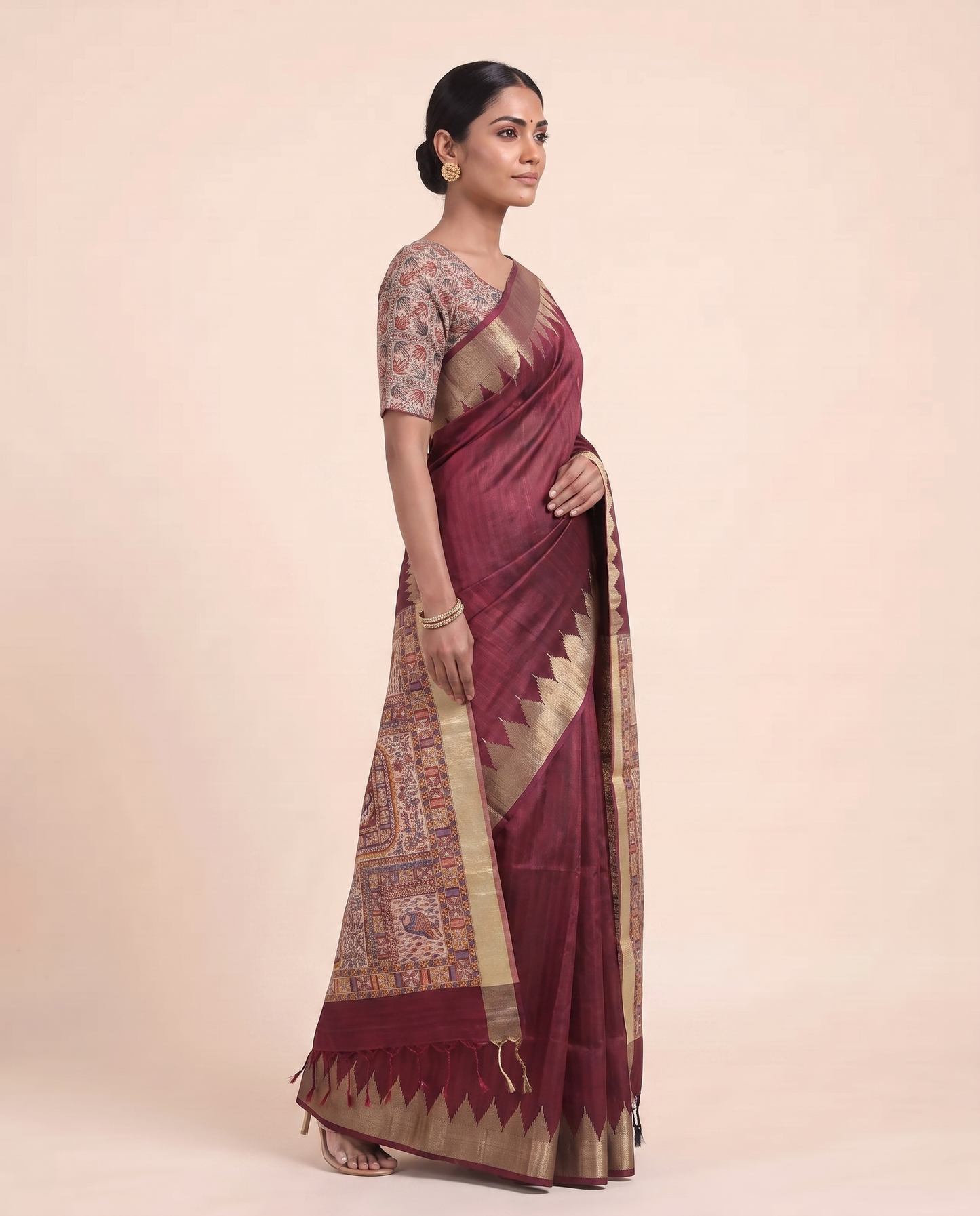 Madhu Maroon Tussar Silk Madhubani Saree With Unstitched Blouse Piece