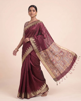 Madhu Maroon Tussar Silk Madhubani Saree With Unstitched Blouse Piece