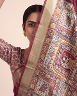 Madhu Maroon Tussar Silk Madhubani Saree With Unstitched Blouse Piece