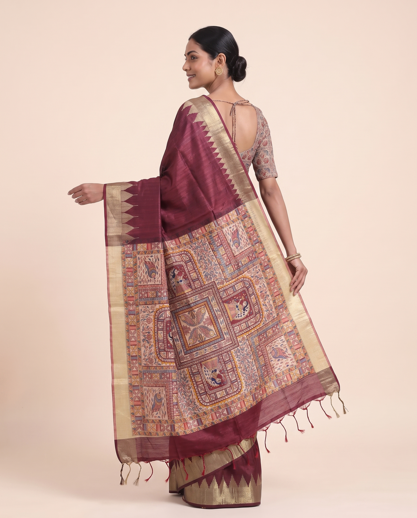 Madhu Maroon Tussar Silk Madhubani Saree With Unstitched Blouse Piece