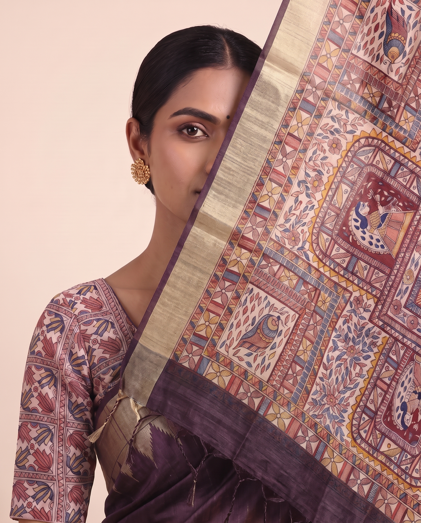 Madhu Purple Tussar Silk Madhubani Saree With Unstitched Blouse Piece