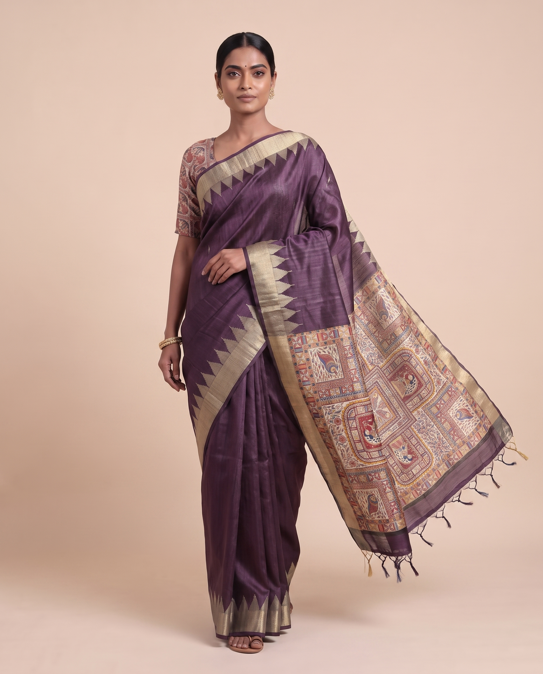 Madhu Purple Tussar Silk Madhubani Saree With Unstitched Blouse Piece