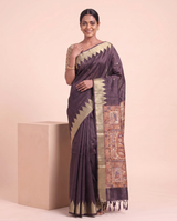 Madhu Purple Tussar Silk Madhubani Saree With Unstitched Blouse Piece
