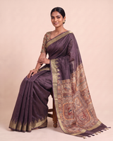 Madhu Purple Tussar Silk Madhubani Saree With Unstitched Blouse Piece