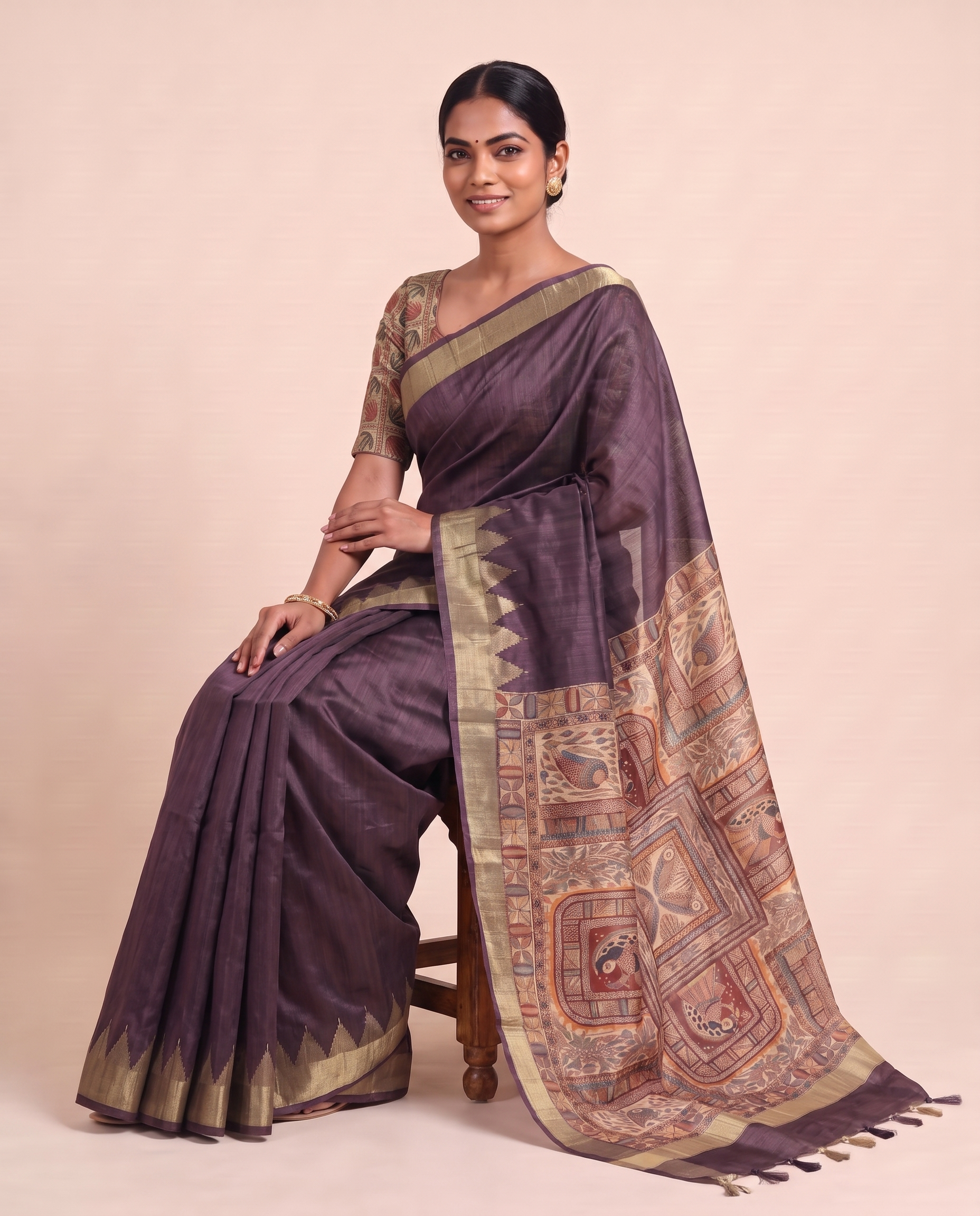 Madhu Purple Tussar Silk Madhubani Saree With Unstitched Blouse Piece