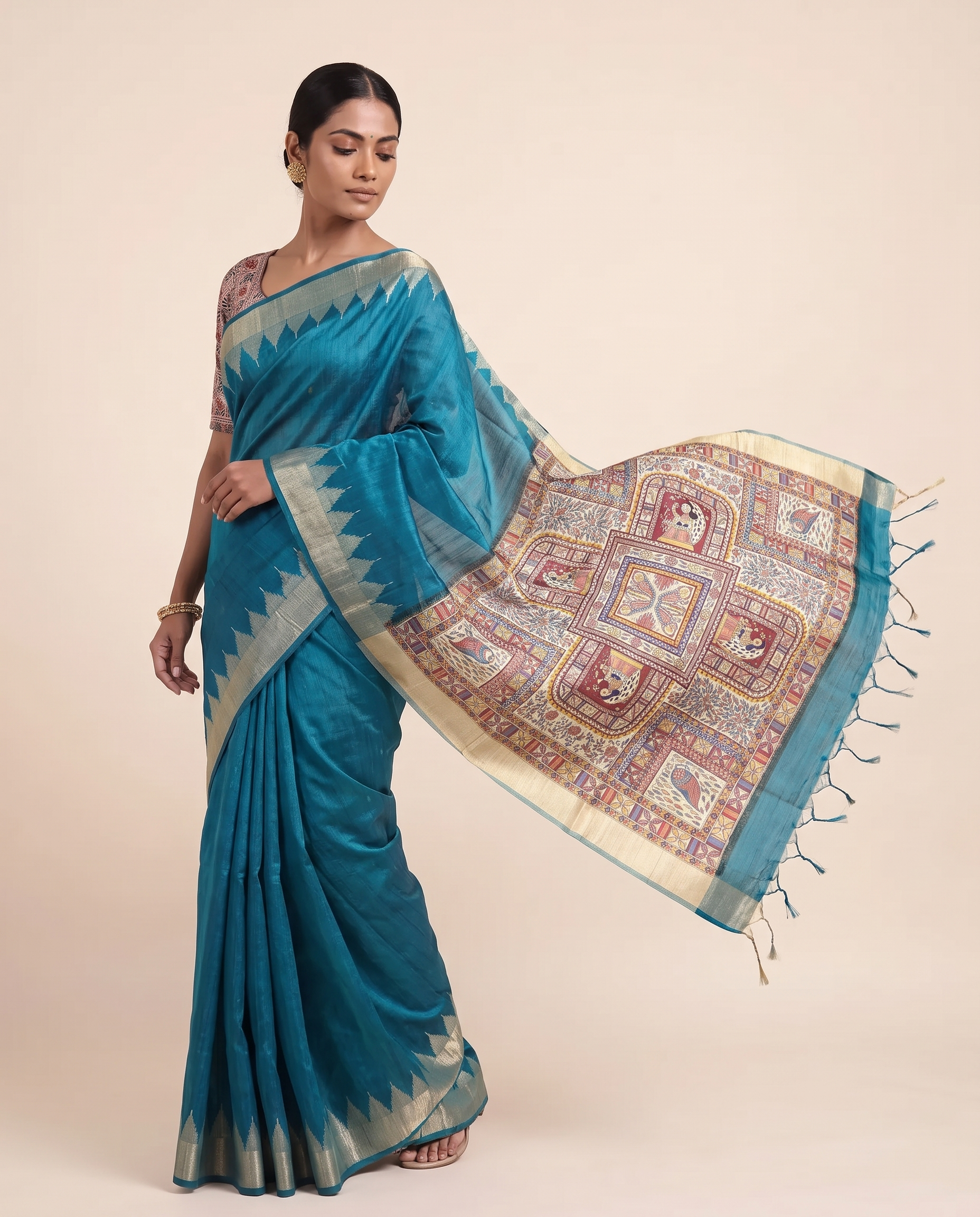 Madhu Teal Tussar Silk Madhubani Saree With Unstitched Blouse Piece