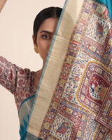 Madhu Teal Tussar Silk Madhubani Saree With Unstitched Blouse Piece