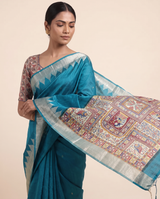Madhu Teal Tussar Silk Madhubani Saree With Unstitched Blouse Piece