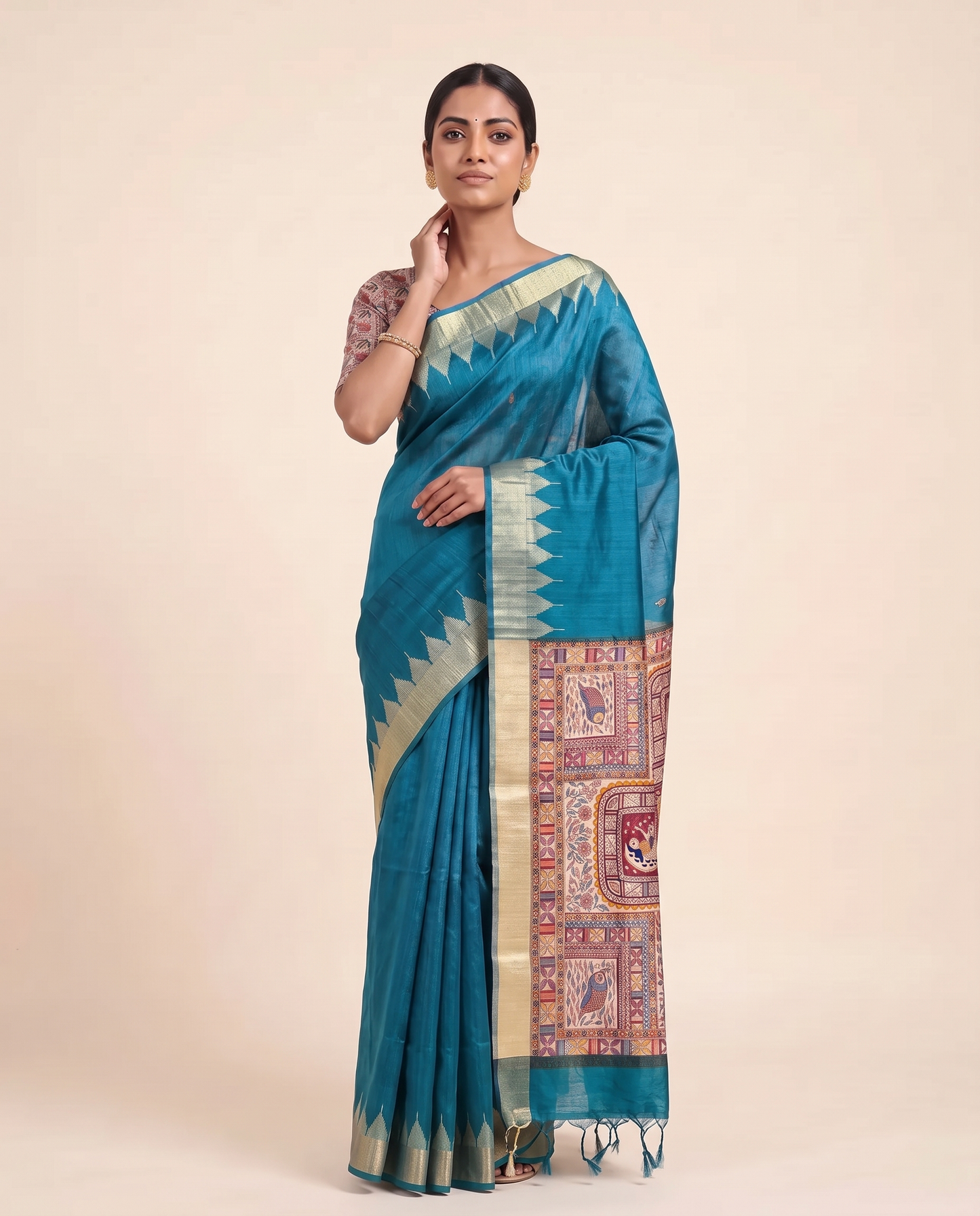 Madhu Teal Tussar Silk Madhubani Saree With Unstitched Blouse Piece