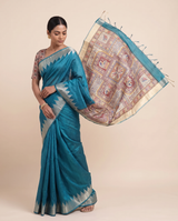 Madhu Teal Tussar Silk Madhubani Saree With Unstitched Blouse Piece