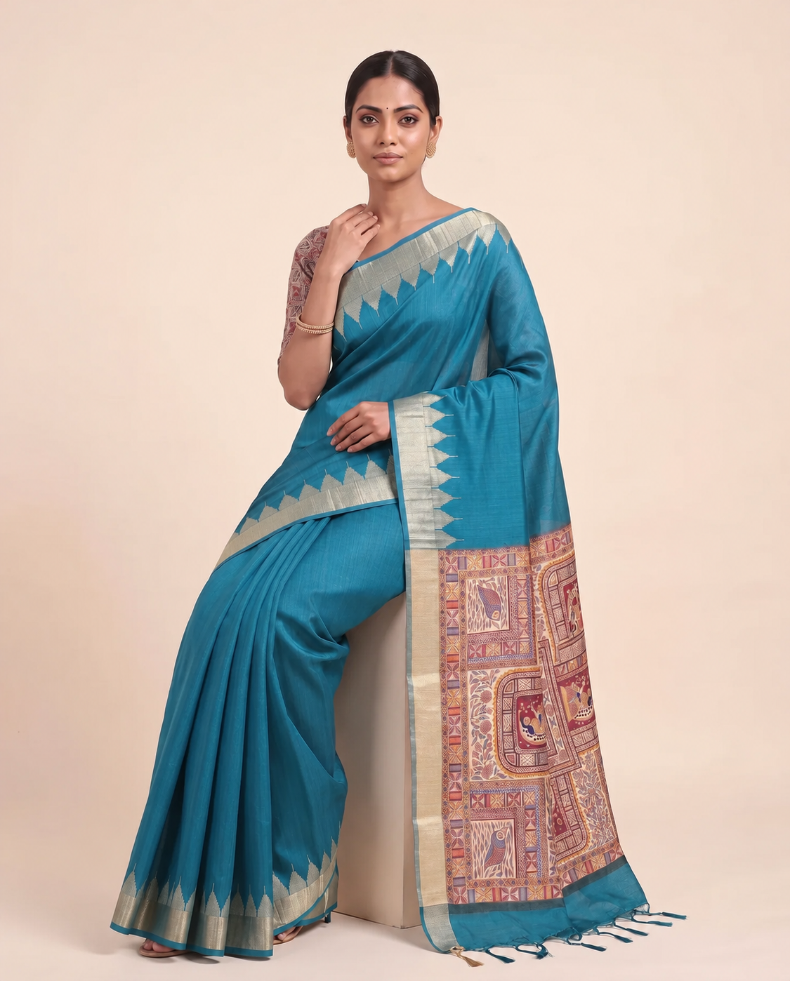 Madhu Teal Tussar Silk Madhubani Saree With Unstitched Blouse Piece