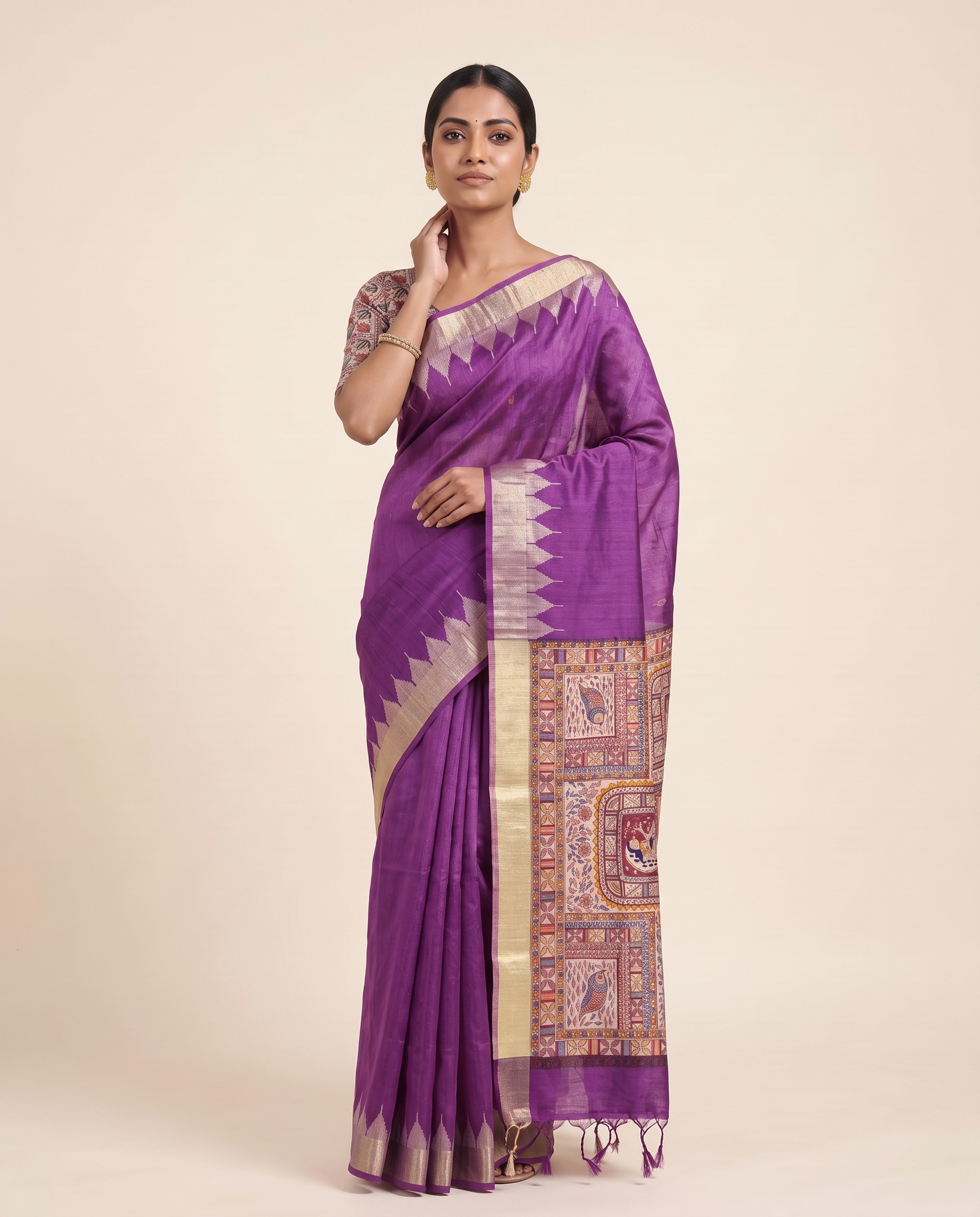 Madhu Wine Tussar Silk Madhubani Saree With Unstitched Blouse Piece