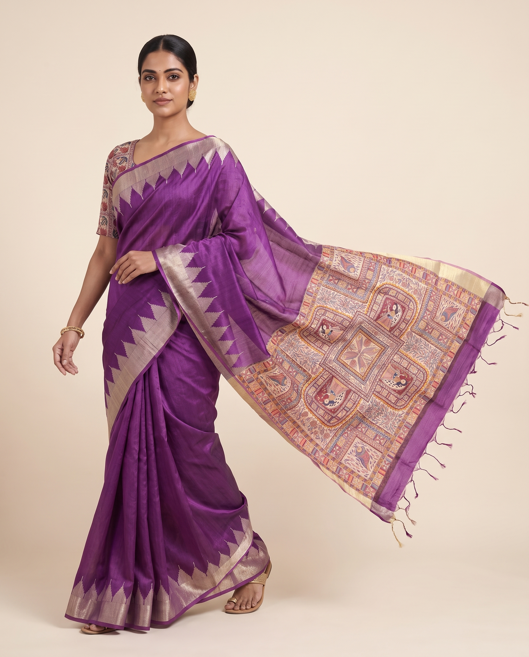 Madhu Wine Tussar Silk Madhubani Saree With Unstitched Blouse Piece
